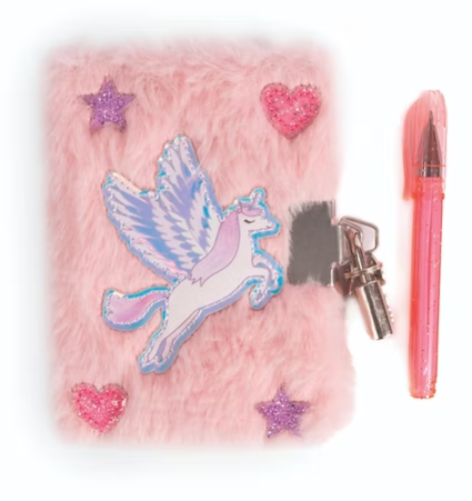 AMAZING ALICORN MINI FURRY JOURNAL WITH PEN, LOCK & 2 KEYS