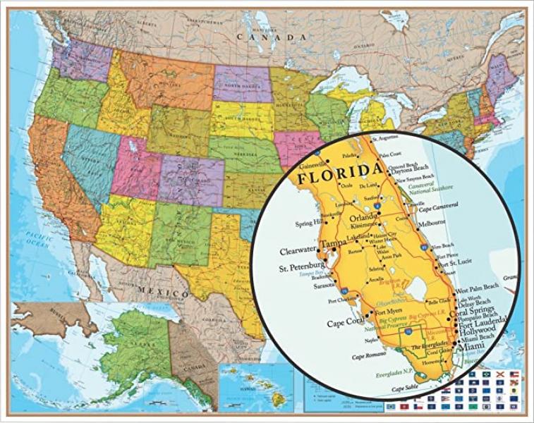LARGE LAMINATED US MAP WITH FLAGS