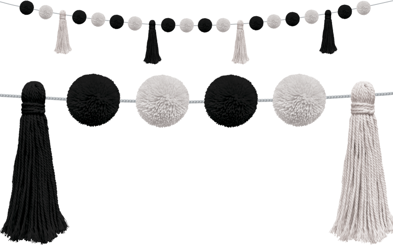 POM-POMS AND TASSELS GARLAND BLACK AND WHITE