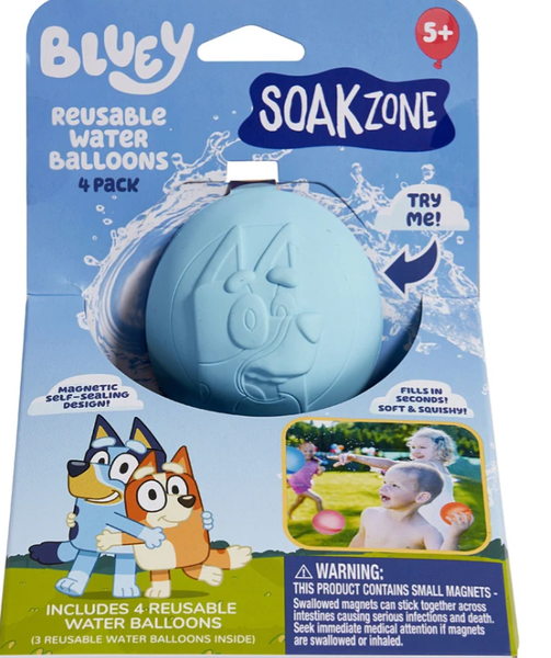 SOAK ZONE REUSABLE WATER BALLOONS 4 PACK BLUEY