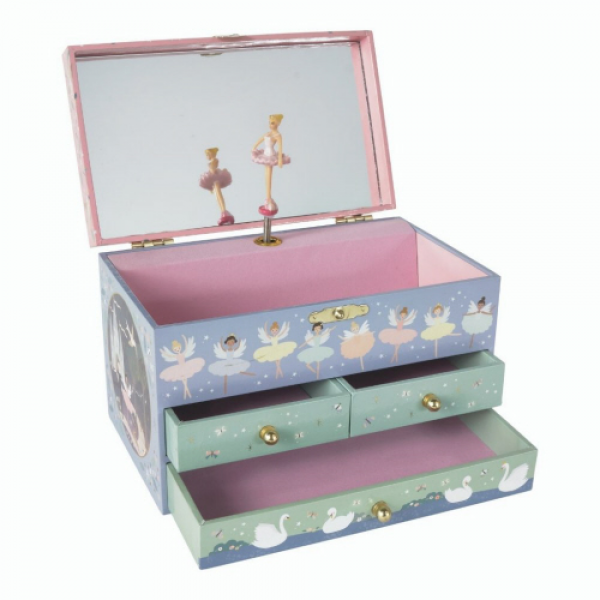 MUSICAL JEWELRY BOX: 3 DRAWER ENCHANTED SWAN LAKE