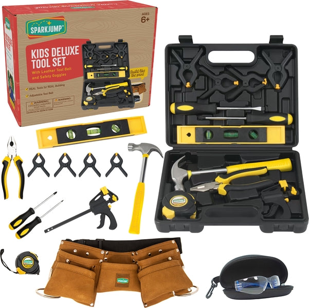 KIDS DELUXE TOOL SET WITH LEATHER TOOL SET AND SAFETY GOGGLES