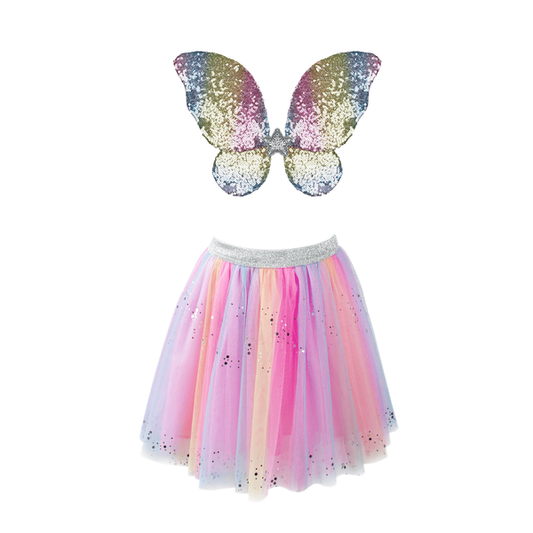RAINBOW SEQUINS SKIRT WITH WINGS AND WAND SIZE 4-6