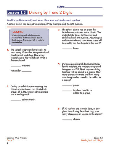 SPECTRUM COMMON CORE WORD PROBLEMS GRADE 7