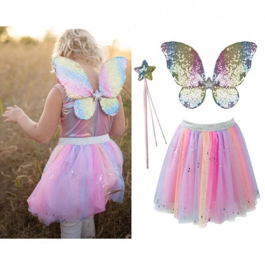 RAINBOW SEQUINS SKIRT WITH WINGS AND WAND